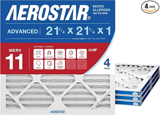 Aerostar 21.25x21.25x1 MERV 11 Pleated Air Filter, 4 Pack, AC Furnace Filters, HVAC Filter, Air Conditioner Filters, Heater Filters Replacement for Home (Actual Size: 21.25x21.25x0.75)
