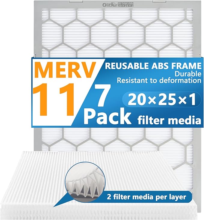 20x25x1 MERV 11 Air Filter,AC Furnace Air Filter,Reusable ABS Plastic Frame, 7 Pack Replaceable Filter Media (Actual Size: 19 3/4" x 24 3/4" x 3/4")