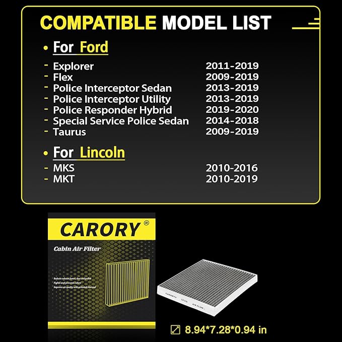 CARORY Cabin Air Filter w/Activated Carbon for Ford Explorer 2011-2019, Flex 2009-2019, Taurus 2009-2019, Police Responder Hybrid 2019-2020, Lincoln MKS 2010-2016, MKT 2010-2019 and More