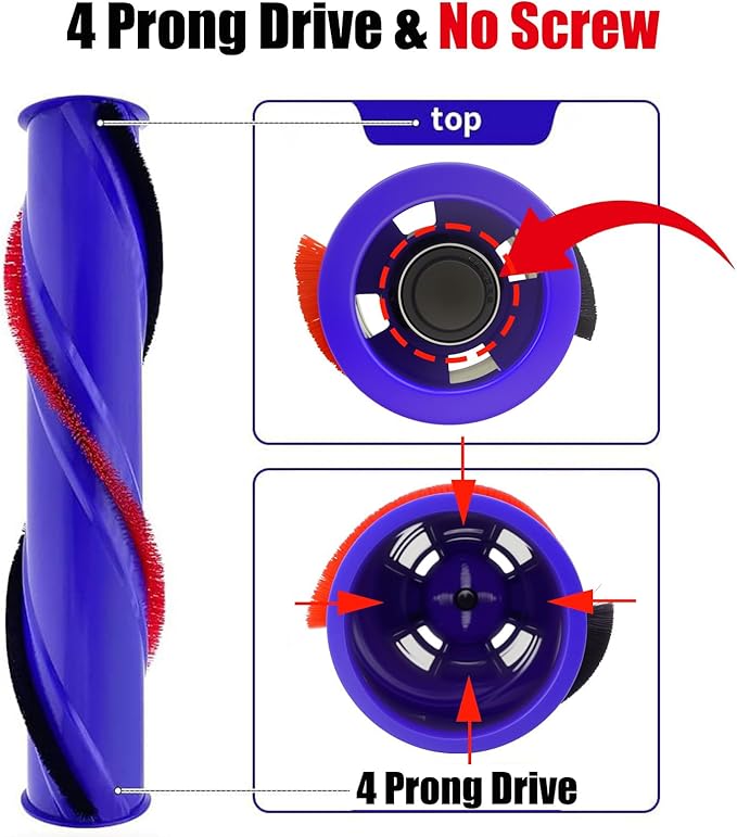 Roller Brush Roll Bar Replacement for Dyson V6 (4 Prong Drive & No Screw), Older V7 Models (Not for V7 Motorhead) Cordless Cleaner Part, 966821-01, 966084-01.(4.5cm Diameter)