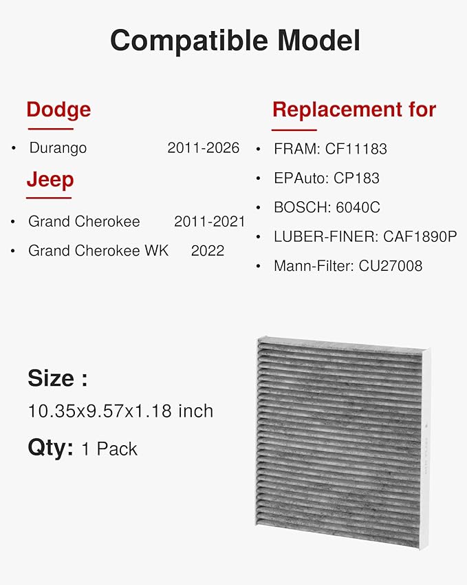 Puroma Cabin Air Filter with Activated Carbon, Replacement for CF11183, CP183, 6040C, Dodge Durango, Jeep Grand Cherokee, Grand Cherokee WK