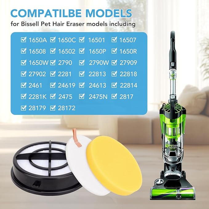 16871 1650 Filter Replacement Compatible with Bissell Pet Hair Eraser Upright Vacuum - Replacements Model 27909 1650 1650A 2281 2475 2790 2817 Part 1608861 1608860-4 + 4 + 4 Pack