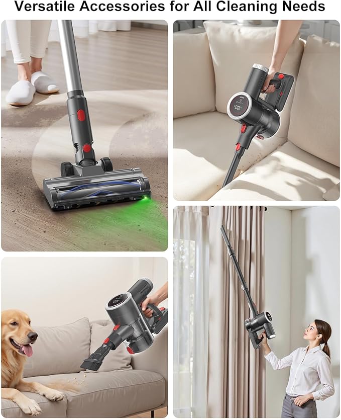 Cordless Vacuum Cleaner, Stick Vacuum Rechargeable, 550W 45KPA Powerful Suction Lightweight Vacuum Cleaners for Home, Anti-Tangle, Self Standing for Pet Hair Hardwood Floor Carpet - Sliver
