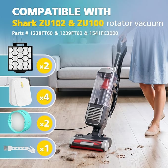ZU102 Filter Replacement for Shark Rotator Pet Upright Vacuum ZU100 ZU102, 2 HEPA + 4 Foam & Felt + 2 Odor Neutralizer Cartridges, Pet Hair & Odor Control Vacuum Filter Kit
