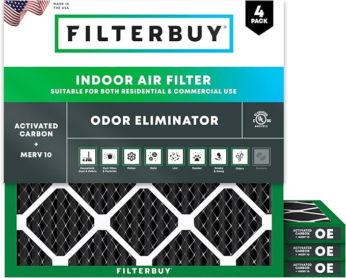 Filterbuy 24x24x1 Air Filter MERV 10 Odor & Allergy Defense with Activated Carbon (4-Pack), Electrostatic Pleated HVAC AC Furnace Filters Replacement, Made in USA (Actual Size: 23.38 x 23.38 x 0.75)