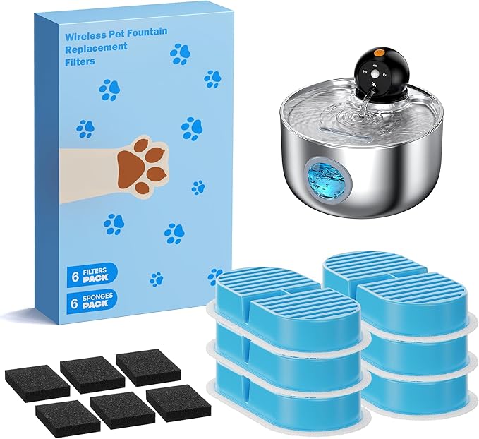 Cat Water Fountain Filter: Wireless Cat Fountain Filters Replacement - 12 Filters for Cordless Pet Water Fountain - 6 Pack Carbon Filters + 6 Pack Sponges Filters (3 Month Supply)