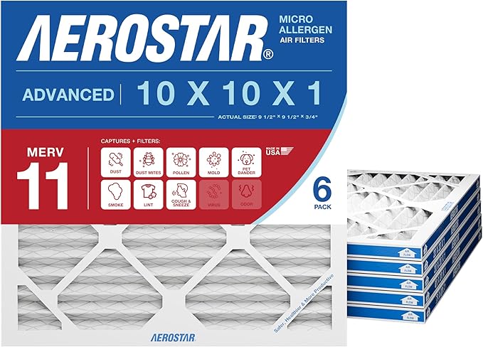 Aerostar 10x10x1 MERV 11 Pleated Air Filter, 6 Pack, AC Furnace Filters, HVAC Filter, Air Conditioner Filters, Heater Filters Replacement for Home (Actual Size: 9.5x9.5x0.75)