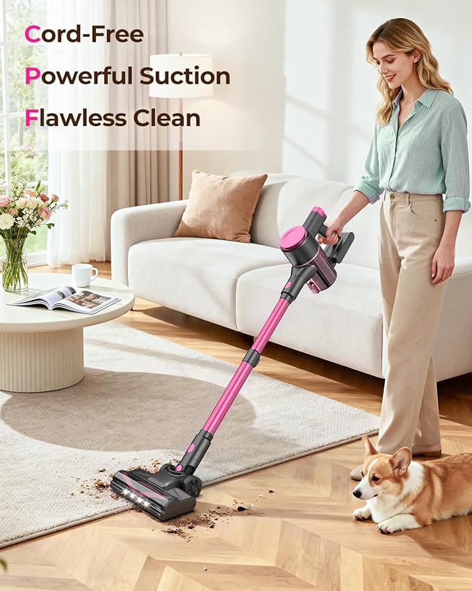 UML0 N8 Cordless Vacuum Cleaner,Lightweight Stick Vacuum with Powerful Suction,2200mAh Battery,40 Mins Runtime, Self-Standing,Rechargeable Vacuum Cleaners for Home Hardwood Floor Pet Hair (Blush)