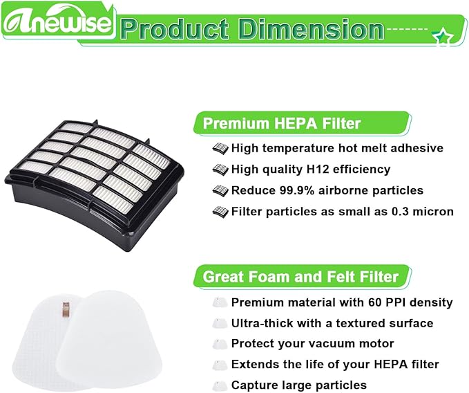 Anewise Filter Replacement for Shark Navigator Lift Away Deluxe Professional Vacuum ZU503AMZ NV350 NV351 NV352 NV355 NV357 NV360 NV370 UV440 UV540, Parts XFF350 & XHF350, 1 HEPA + 2 Pre-Felt Filters