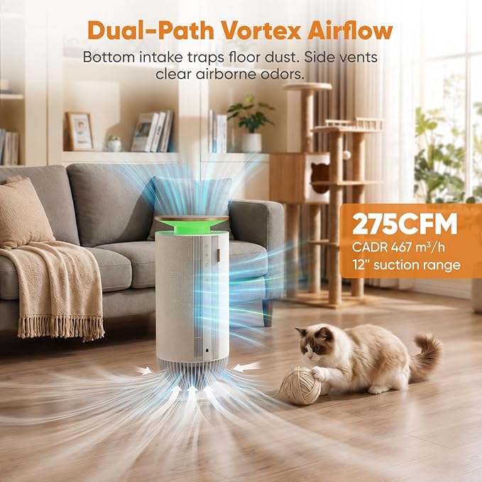 Petbobi Pet Air Purifier for Home Up to 3630 ft² - 7-Stage H13 & H11 HEPA Filter for Pet Odors Hair Dander Dust, 360°Anti-Clog Air Intake, WiFi App, PM2.5 Monitor, 275 CFM CADR
