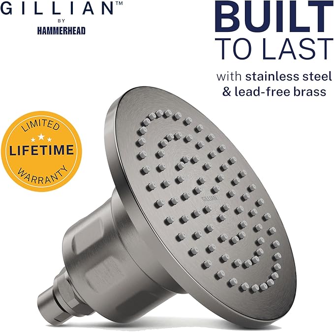 Gillian™ by HammerHead High Pressure Shower Head with Filter – Genuine KDF-55 Filtered Shower Head for Hard Water, Healthier Skin & Hair – Metal 6-Inch Rainfall Showerhead with Filters, Gray