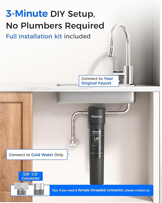 Waterdrop 15UA-UF 0.01 μm Ultra Filtration Under Sink Water Filter System, 2 Years, Reduces Lead, Chlorine, Bad Taste & Odor, Connects Directly to Your Faucet
