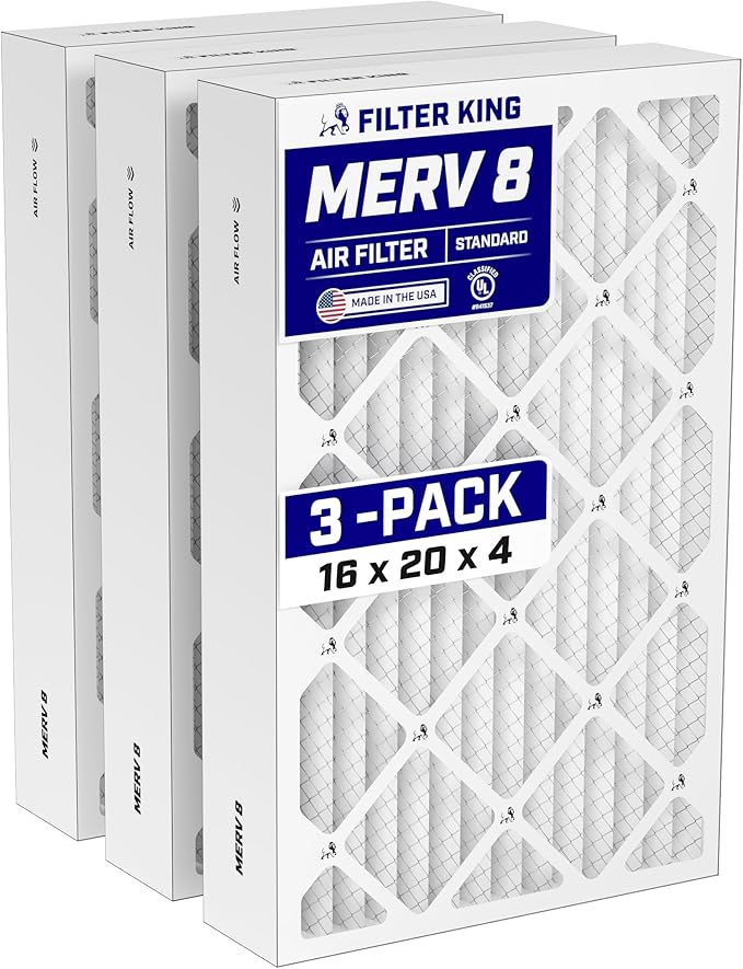 Filter King 16x20x4 Air Filter (MERV 8) (3-Pack) Dust & Allergy Control AC Furnace Filters, MADE IN USA, HVAC, Pleated, Electrostatic (Actual Size: 15.5 x 19.5 x 3.75)
