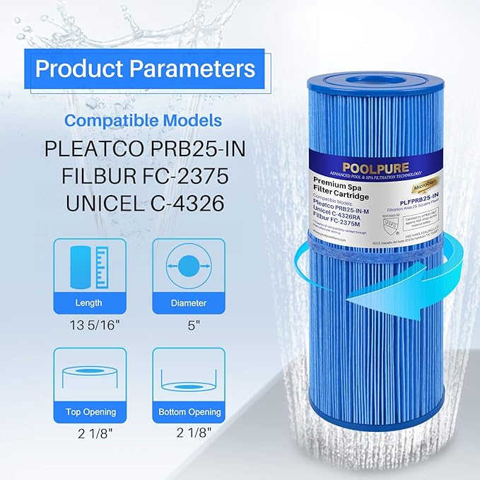 POOLPURE Antimicrobia PRB25-IN-M Spa Filter Replaces Unicel C-4326RA, Filbur FC-2375M, 3005845, 17-2327, 100586, 33521, 25392, 817-2500, 5X13 Drop in Spa Filter 2 Pack