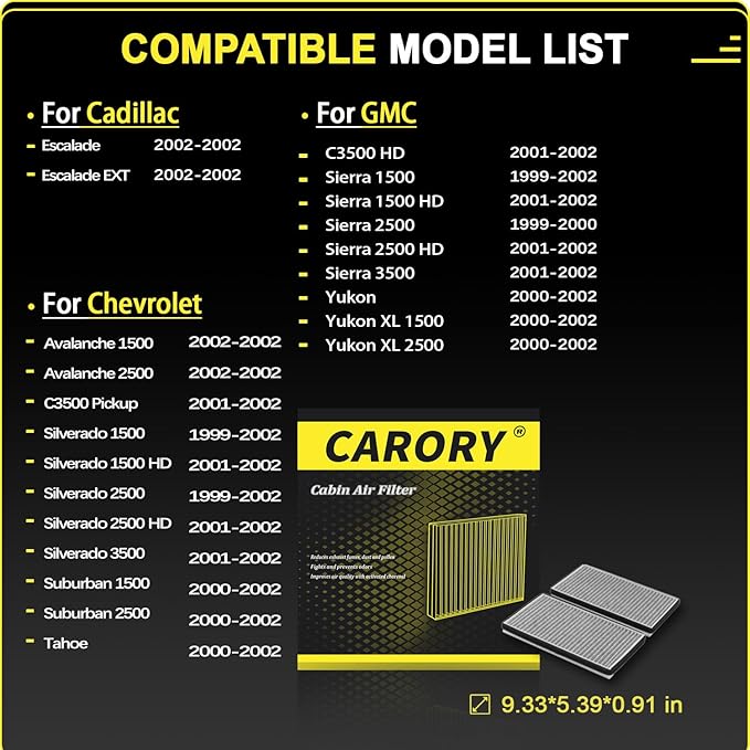 CARORY Cabin Air Filter w/Activated Carbon for Chevy, GMC, Cadillac Select Models - Silverado 1500/2500, Suburban, Avalanche 1500, Tahoe, Sierra 1500, Yukon, Escalade, and More