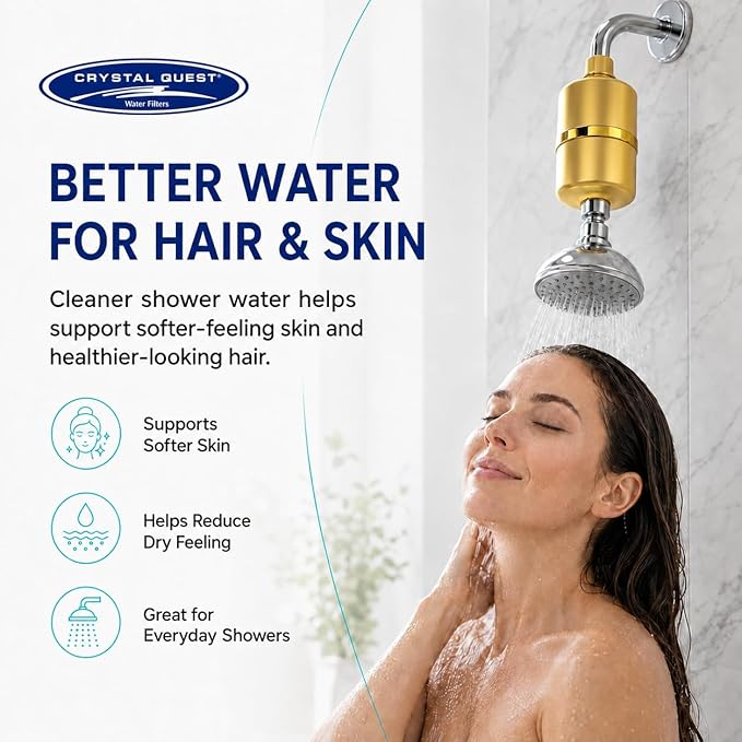 Crystal Quest Shower Filter, Shower Head Filter for Hard Water, Shower Water Filter Removes Chlorine, chloramines & VOCs, Filter Shower Head, Improves Skin & Hair, Long-Lasting - ISO Certified, Gold