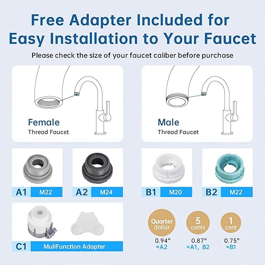 Faucet Filter, Sink Water Filter with Ceramic & Carbon Filters 200+ Gallons Remove Chlorine, Odors, Heavy Metals, Fits 15/16", 13/15", 3/4" Kitchen Faucets, 2 Filters,LJ02