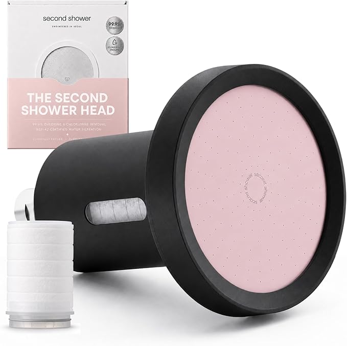 SecondShower Filtered Shower Head for Hard Water, Clinically Proven, NSF Certified 99.9% Chlorine Removal, High Pressure, Korean Beauty Secret Natural Filter (Black Pink)