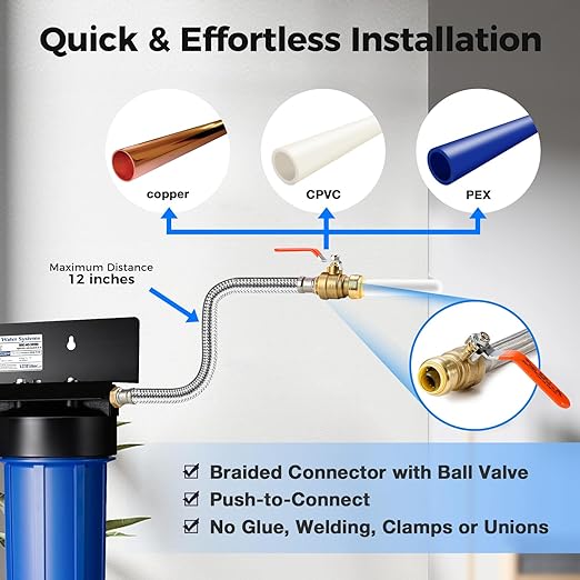 iSpring SGS-Tested Lead Removal Whole House Water Filter System w/ 3/4'' Push-Fit Stainless Steel Hoses, Reduces Arsenic, Cadmium, Mercury, Chlorine & up to 99% Lead, Model: WGB32B-CPB+AHPF12MNPT16X2