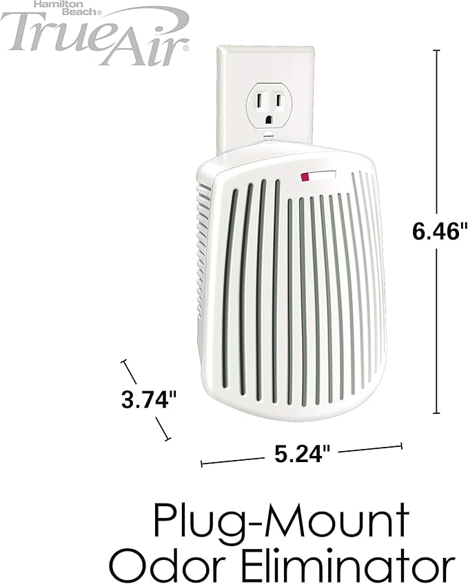 Hamilton Beach TrueAir Plug-Mount Odor Eliminator with Carbon Filter + Green Mountain Scent Cartridge, Common Household-Tobacco, Pet, Bathroom, Trash, On/Off Fan (04530GM), (Pack of 4)