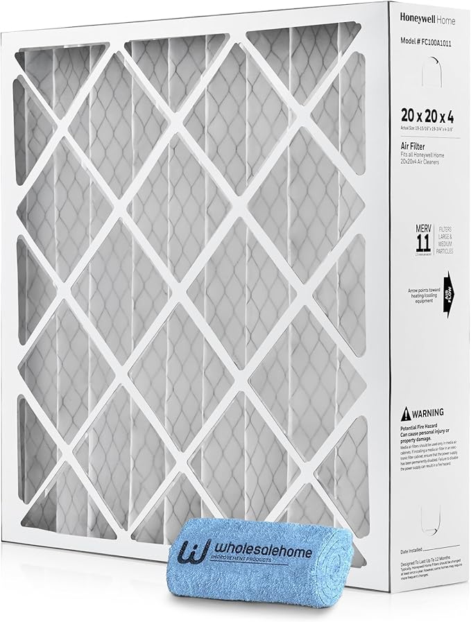 20x20x4 Air Filter Replacement MERV 11, FC100A1011 Pleated HVAC AC Furnace Filters with Wholesalehome Cleaning Cloth, (Actual Size: 19.94 x 19.75 x 4.38 Inches)