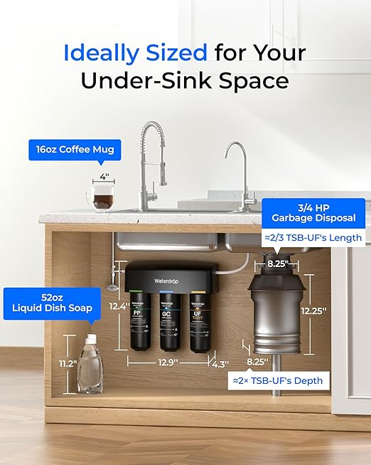 Waterdrop TSB-UF 0.01 μm Ultra Filtration Under Sink Water Filter System, 9 Layer Under Sink Water Filtration System, Reduces Chlorine, Fluoride, Taste&Odor, with Dedicated Faucet, Easy Installation