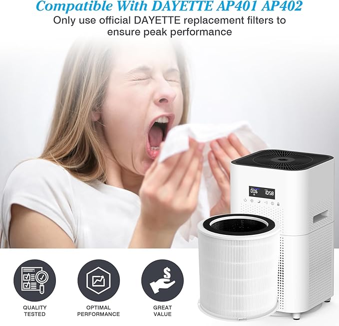 Original H14 Replacement Filter Compatible with DAYETTE Air Purifier AP401 AP402, 4-in-1 H14 Grade True HEPA, High-Efficiency Activated Carbon