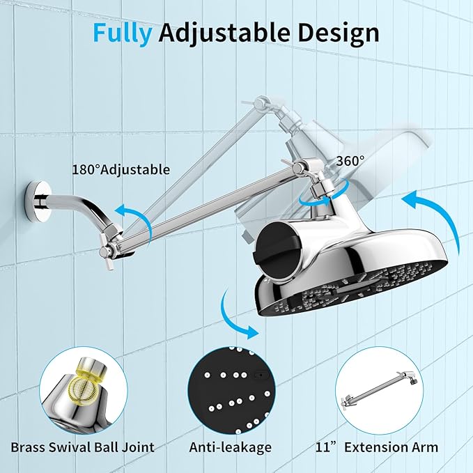 Filtered Shower Head with Extension Arm - EMBATHER 8 Inch High Output Showrhead with 3 Spray Settings, 18 Stage Filter for Hard Water, 11" Adjustable Arm, Brass Swivel Ball Jiont, Chrome