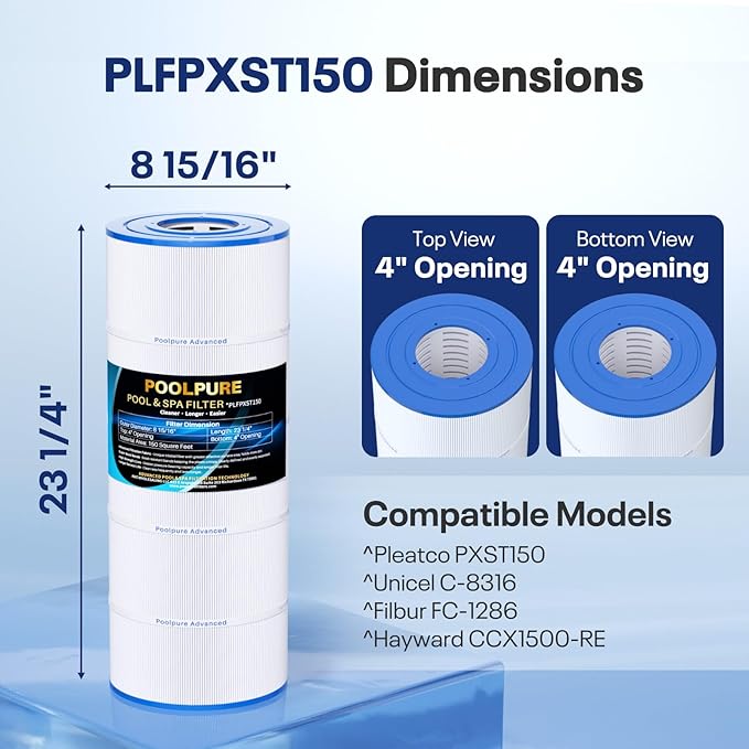 POOLPURE PXST150 Pool Filter Replaces Hayward X-Stream CC1500, CCX1500-RE, Pleatco PXST150, Ultral-B3, Unicel C-8316, Filbur FC-1286, Waterway Pro Clean 150, L x OD: 23 1/4" x 8 15/16" 150sq.ft.
