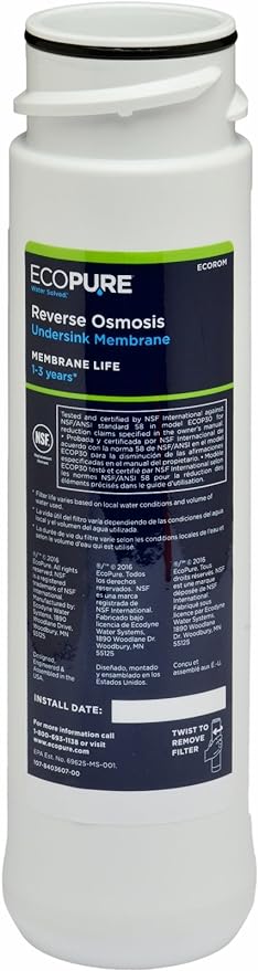 EcoPure ECOROM Reverse Osmosis Membrane Replacement – Fits ECOP30 & Select Kenmore & Brita RO Systems – NSF-Certified Stage 2 Filter – Reduces TDS, Lead, Chlorine & More – 1–3 Year Life – Easy Changes