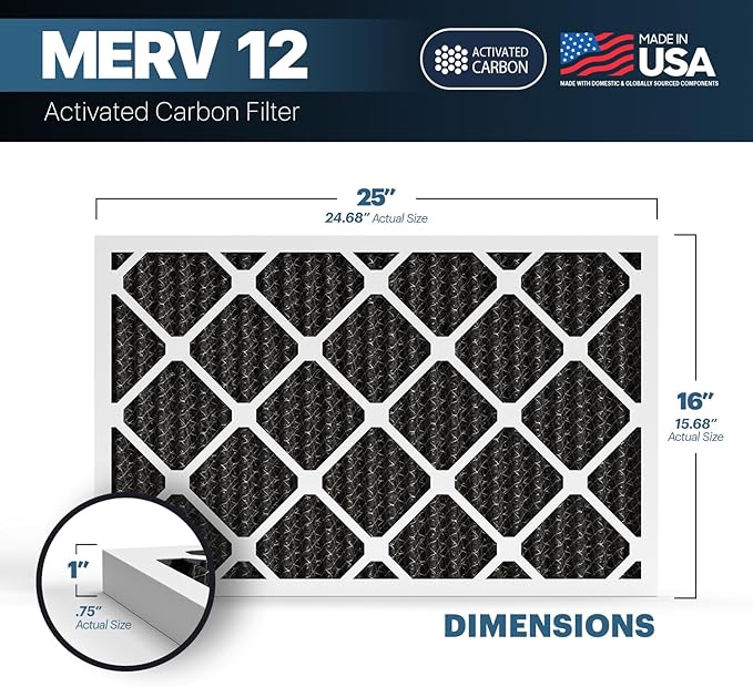 BNX TruFilter 16x25x1 MERV 12 Odor Defense (6-Pack) AC Furnace Air Filter with Activated Carbon - MADE IN USA - Pleated Air Conditioner HVAC AC Furnace Filters - Removes Odor, Mold, Bacteria, Smoke