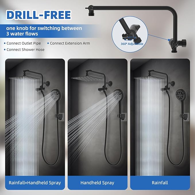 All Metal Black Shower Head, 10" High Pressure Rainfall/Handheld Shower Combo with 11" Extension Arm, 10-Spray Handheld Showerhead, 71" Long Hose, 3-Way Diverter Valve, Matte Black