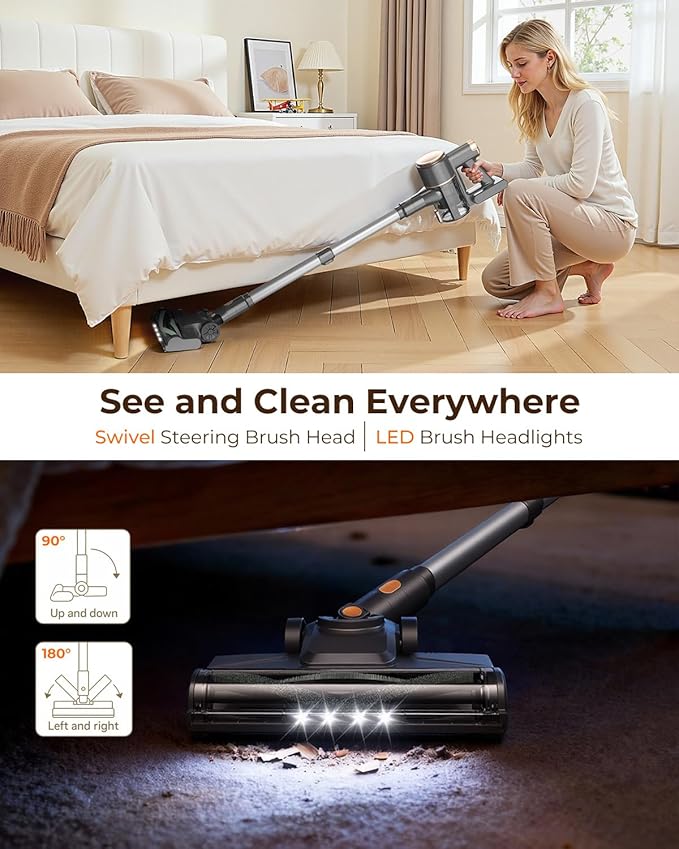 UML0 N8 Cordless Vacuum Cleaner,Lightweight Stick Vacuum with Powerful Suction,2200mAh Battery,40 Mins Runtime, Self-Standing,Rechargeable Vacuum Cleaners for Home Hardwood Floor Pet Hair (Champagne)
