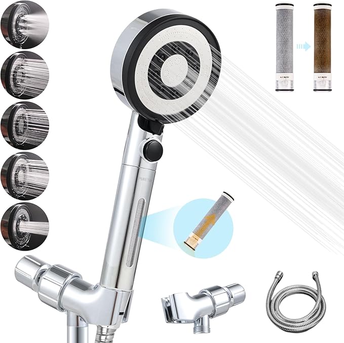 Carbon Filters High Pressure Shower Head Handheld, Remove Chlorine, Chloramine, Fluoride,Heavy Metals, Toxic Chemicals Reduces Dry Itchy Skin.5 Spray Mode for Hard Water with Hose Bracket(PT-818)