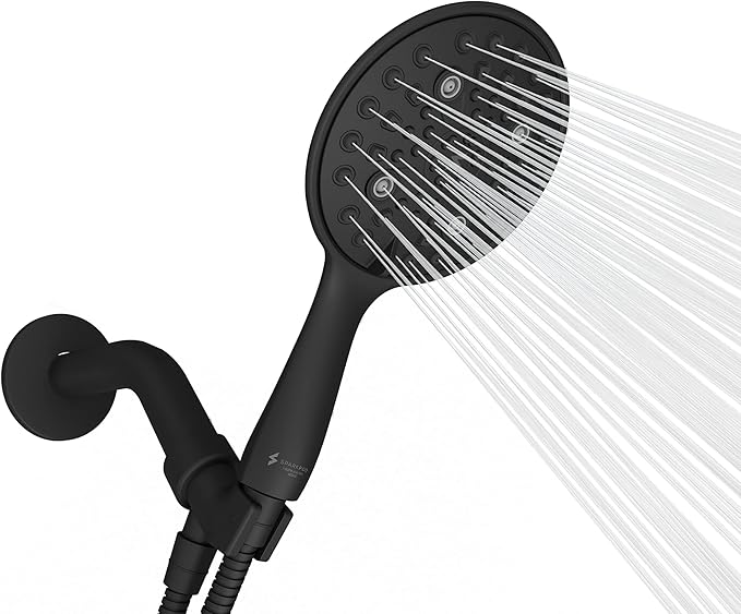 SparkPod 6 Spray Setting High Pressure Hand Held Shower Head - 6" Wide Angle Handheld Shower Head Set with Brass Swivel Ball Bracket and 70 Inch Long Hose - Luxury Design (Midnight Black Matte)