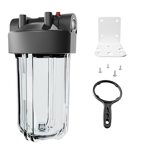 10" x 4.5" Whole House Water Filter Housing – 1" NPT Stainless Steel Ports, Heavy Duty Clear Filter Sump – Double O-Ring Leak-Proof with Pressure Release Valve – Fits All 10x4.5 Filters