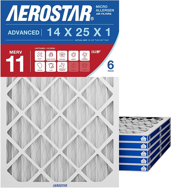 Aerostar 14x25x1 MERV 11 Pleated Air Filter, 6 Pack, AC Furnace Filters, HVAC Filter, Air Conditioner Filters, Heater Filters Replacement for Home (Actual Size: 13.5x24.5x0.75)