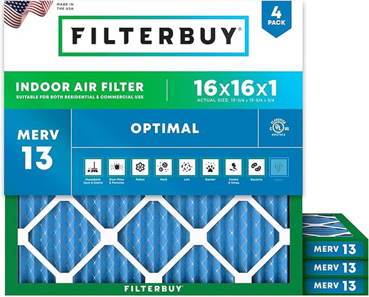 Filterbuy 16x16x1 Air Filter MERV 13 Optimal Smoke & Allergy Defense (4-Pack), Electrostatic Pleated HVAC AC Furnace Filters Replacement, Made in USA (Actual Size: 15.75 x 15.75 x 0.75)