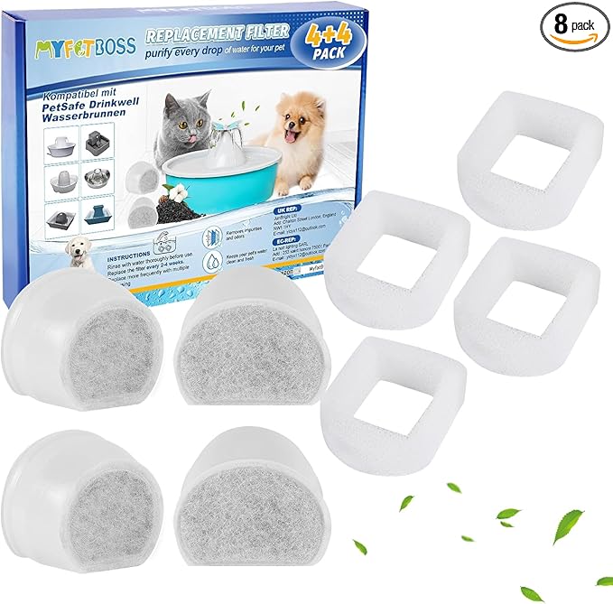 Cat Fountain Filter - Pre-Sponge & Carbon Filters Fit for Petsafe & Drinkwell Fountain - 4+4 Pack