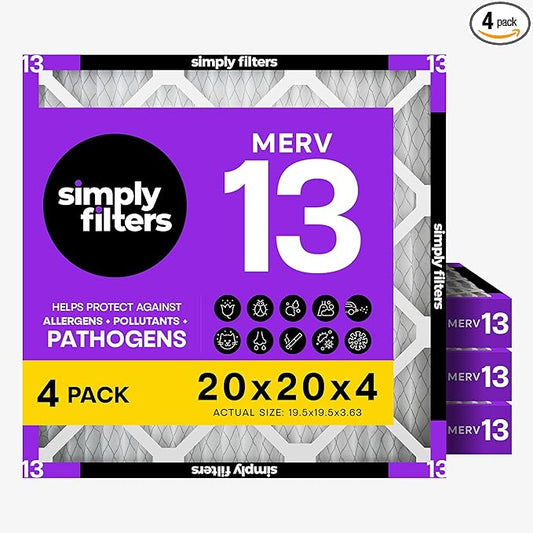 Simply 20x20x4 Air Filter, MERV 13, 4 Pack, Furnace Air Filter for HVAC (Actual Size:19.5"x19.5"x3.63") DUST, Pet, & Allergy Control