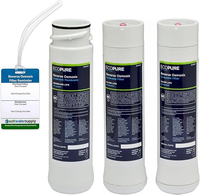 EcoPure Reverse Osmosis Filter and Membrane Set - Includes Membrane ECOROM and Pre/Post Filter Set ECOROF - Plus Reminder Tag - NSF Certified Authentic OEM Parts for ECOP30 RO Unit - EcoPure Only