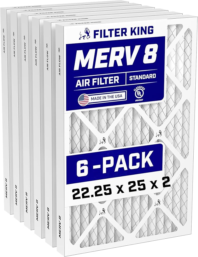 Filter King 22.25x25x2 Air Filter (MERV 8) (6-Pack) Dust & Allergy Control AC Furnace Filters, MADE IN USA, HVAC, Pleated, Electrostatic (Actual Size: 22.25 x 25 x 1.75)