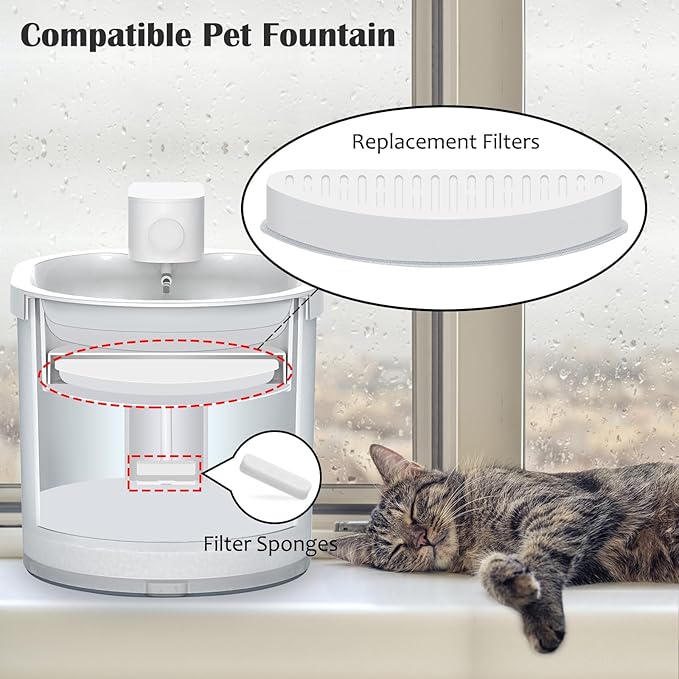 12 Pack Cat Water Fountain Filter & 12 Pack Replacement Filter Sponges Compatible with Uahpet Water Fountain 67oz/2L Automatic Pet Fountain,Pack of 24