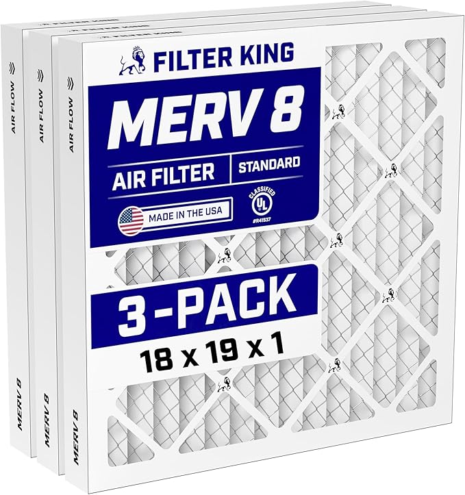 Filter King 18x19x1 Air Filter (MERV 8) (3-Pack) Dust & Allergy Control AC Furnace Filters, MADE IN USA, HVAC, Pleated, Electrostatic (Actual Size: 17.5 x 18.5 x .75)
