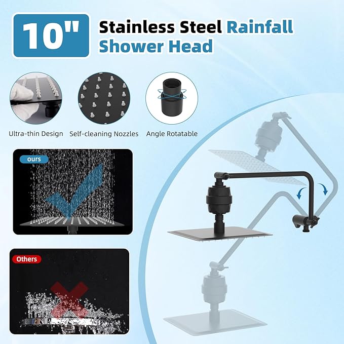 Filtered Shower Head, 10" High Pressure 10-Spray Handheld/Rainfall Shower Head Combo with 20 Stage Shower Filter, 11" Shower Extension Arm, 71" Hose, Shower Head Holder, Matte Black