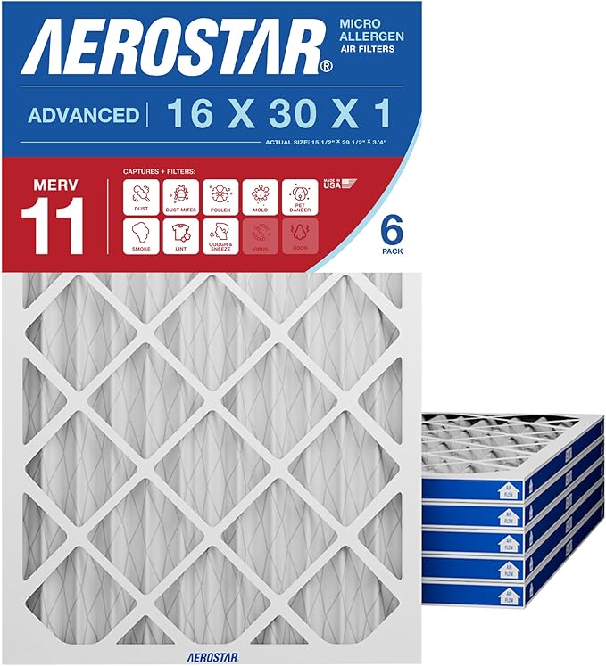 Aerostar 16x30x1 MERV 11 Pleated Air Filter, 6 Pack, AC Furnace Filters, HVAC Filter, Air Conditioner Filters, Heater Filters Replacement for Home (Actual Size: 15.5x29.5x0.75)