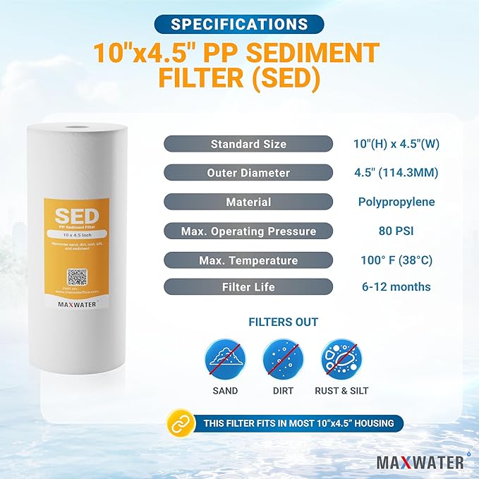 Max Water 1 Micron 10 x 4.5 Whole House Sediment Filter Cartridge for Whole House Water Filter Replacement Compatible with DGD-5005, AP810, WFHD13001B, 4-Pack