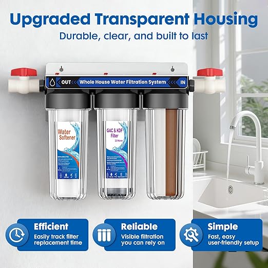 Whole House Water Filter System, 3 Stage Whole Home Water Softener System, Reduces Chlorine, Taste,Iron,Scale,Lead with Heavy Metal and Anti-Scale Filter, Includes 3 Sets Filters (2 Years use), 3/4”