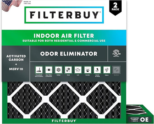 Filterbuy 10x10x1 Air Filter MERV 10 Odor & Allergy Defense with Activated Carbon (2-Pack), Electrostatic Pleated HVAC AC Furnace Filters Replacement, Made in USA (Actual Size: 9.50 x 9.50 x 0.75)