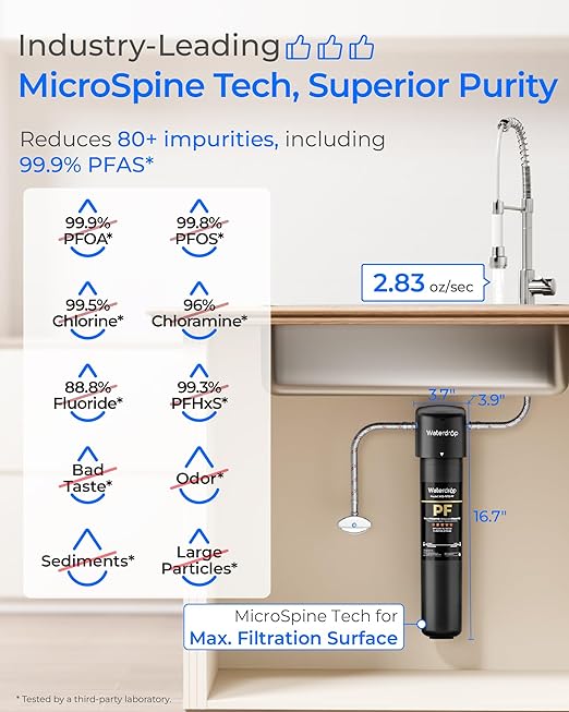 Waterdrop 15UA-PF Under Sink Water Filter, Reduce 80+ Impurities, 99.9% PFOA, 99.8% PFOS, 96% Chloramine, Fluoride, VOCs, Chloroform, Connects Directly to Your Faucet (Filter: RF15-PF)
